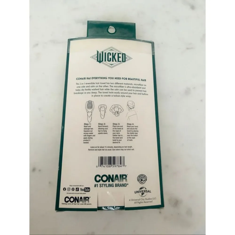 Wicked x Conair 2-in-1 Reversible Microfiber Satin Hair Towel Wrap NWT Elphaba